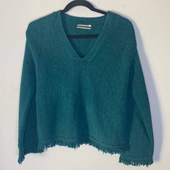 Anthropologie Sweaters - Anthropologie teal green fringed trim sweater xs